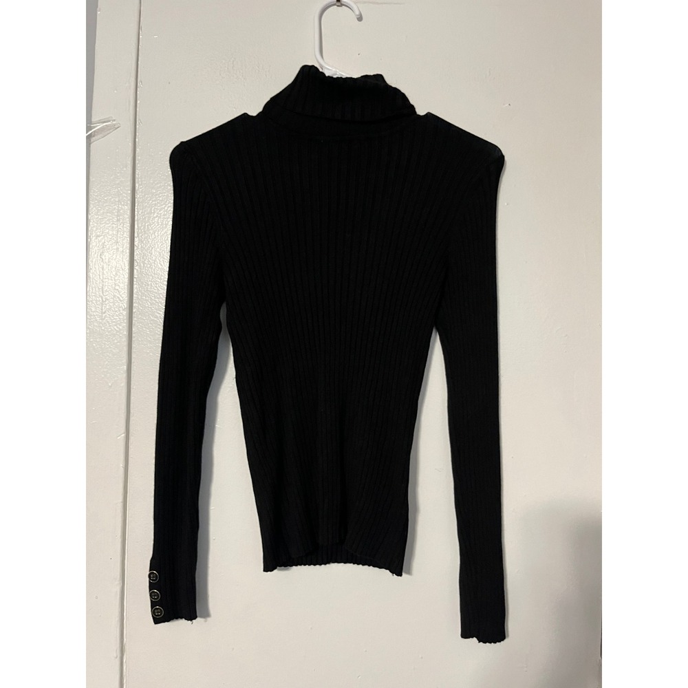 Ellen Tracy Womens Black Ribbed Turtleneck Sweater Gold Button Cuffs Size S